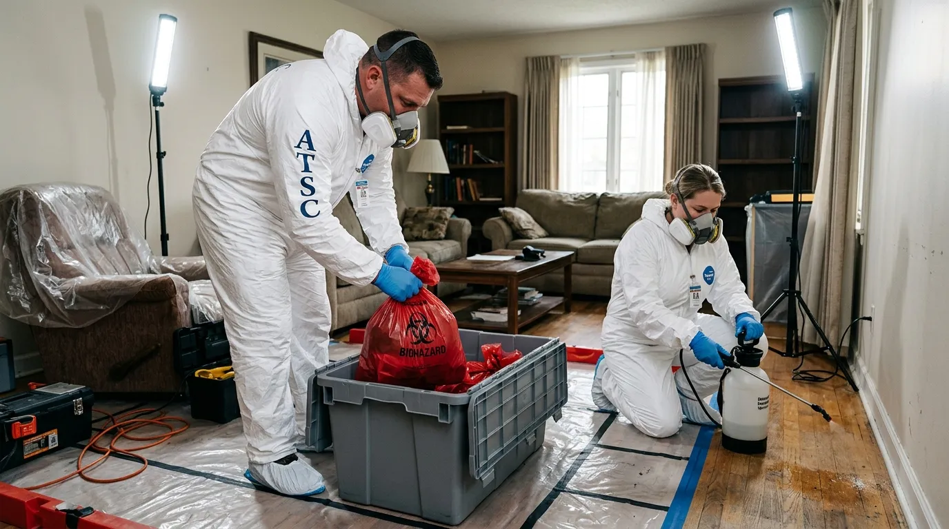 Professional Hoarding Cleanup technician in full PPE working in Goodyear